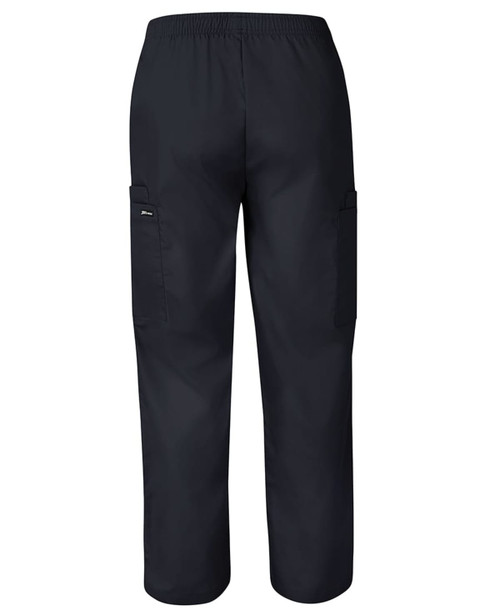 Unisex scrub pants in black with elastic waistband and side pockets. Features branding on the fabric.