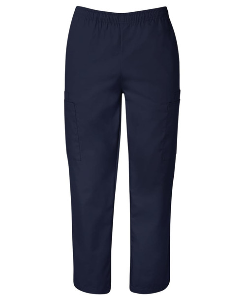 Unisex scrub pants in navy blue with an elastic waistband and side pockets. Features a subtle logo.