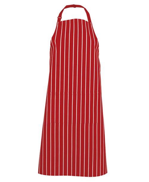 A red striped apron featuring an adjustable neck strap and a front pocket. It has a logo on the design.