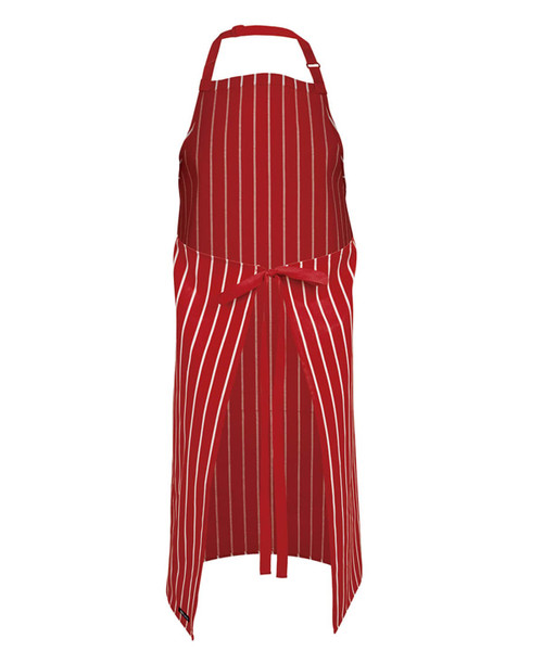 A red striped apron featuring a tie waist and a logo, designed for workwear.