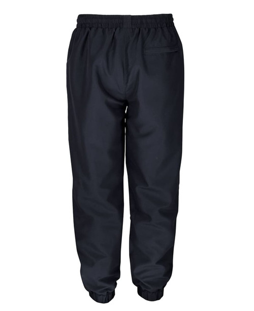 Track pants in black with an elastic waistband and slim cuffs at the ankles, featuring a rear pocket.