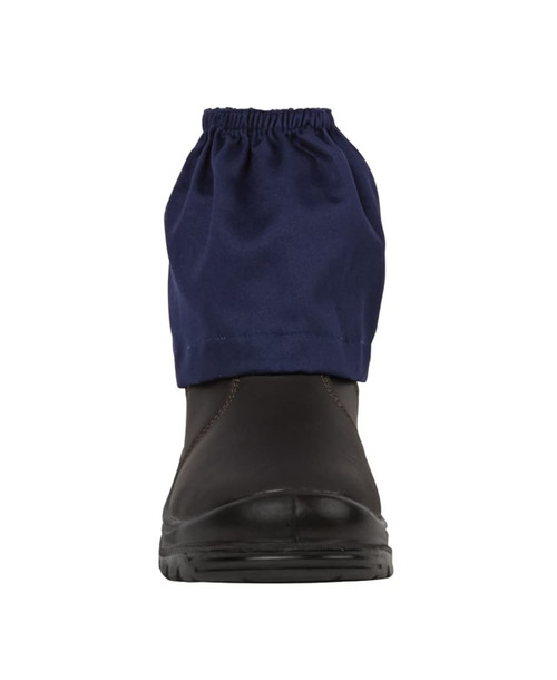 A brown safety boot with a blue boot cover featuring an elasticised top. The image includes a logo.