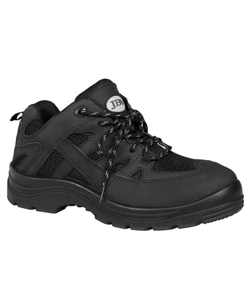 A black sport shoe with mesh panels, featuring a lace-up design and a logo on the tongue.