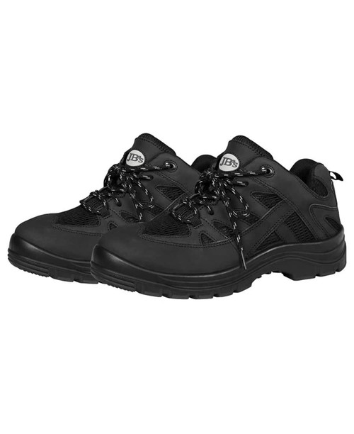 A pair of black JB's Safety Sport Shoes with mesh detailing and a logo on the side.