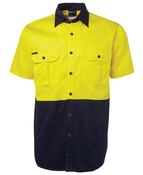 A short-sleeved work shirt in bright yellow and navy blue with two front pockets and a logo.