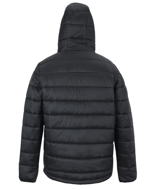 A black urban hooded puffer jacket featuring a quilted design and a hood. The back view highlights its structure.