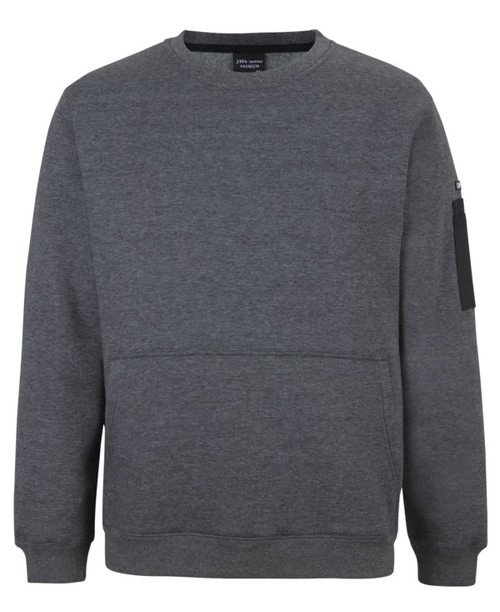 A grey crew neck fleece jumper with a front pocket and a side zipper pocket. It features a logo.
