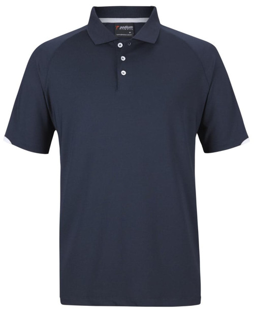 A navy polo shirt with contrasting sleeves and a collar, featuring a logo on the chest.