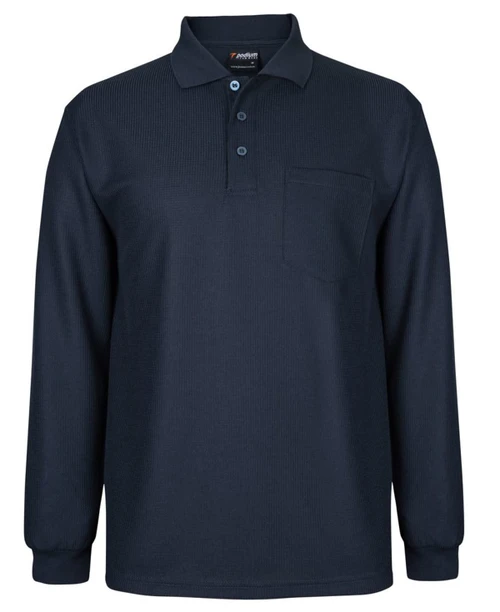 A navy long-sleeve polo shirt featuring a pocket and a three-button placket, with a logo on the collar.