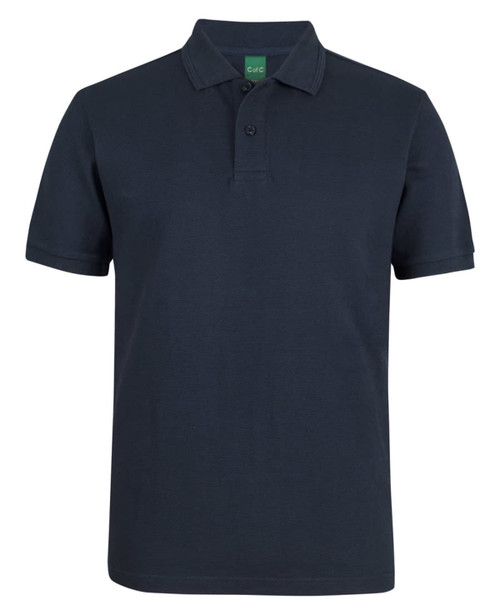 A navy polo shirt with a collar and a branded label. Suitable for casual or semi-formal wear.