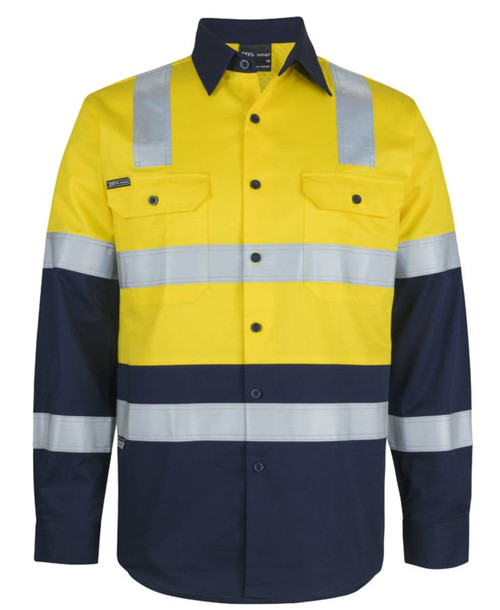 A long-sleeve safety shirt featuring reflective stripes in yellow and dark navy with a logo on the chest.