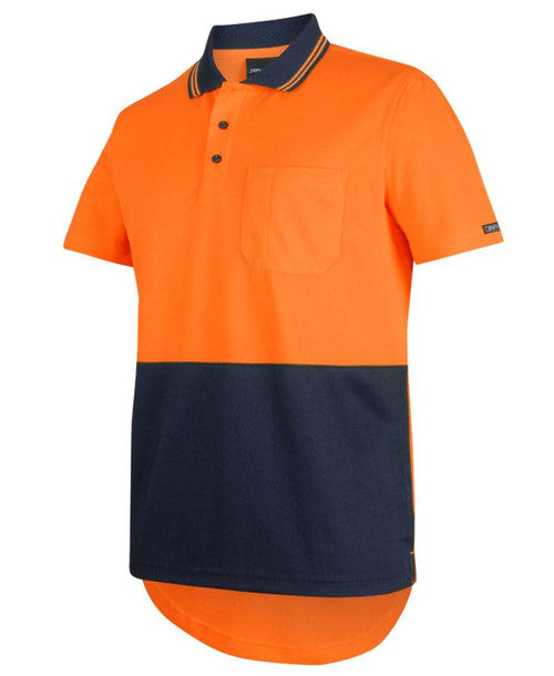 An orange and navy blue polo shirt with a drop tail design and a chest pocket, featuring a logo.