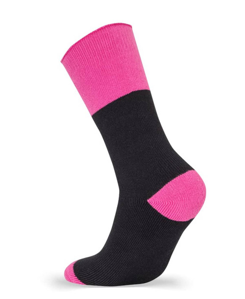 A black work sock with pink accents at the top and heel. 