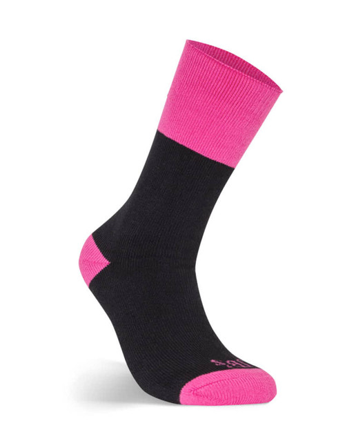 A black work sock with a pink cuff and pink detailing, featuring branding on the side.