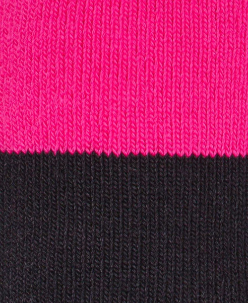 A pair of ultra thick work socks in black and pink, featuring a striped design.