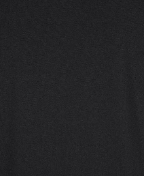 A black polo shirt made from recycled polyester, featuring a pocket and a logo.