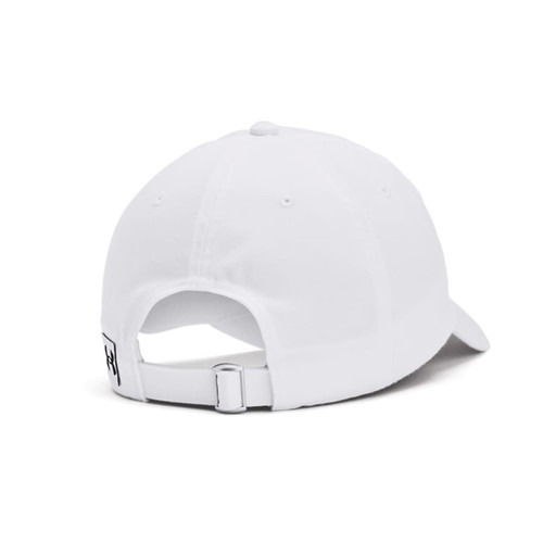 A white adjustable cap with a curved brim and a strap closure at the back, featuring a logo.