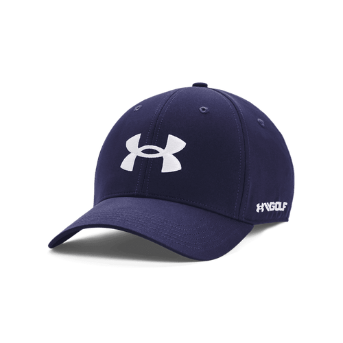 A navy blue baseball cap featuring a logo and designed for golfing.