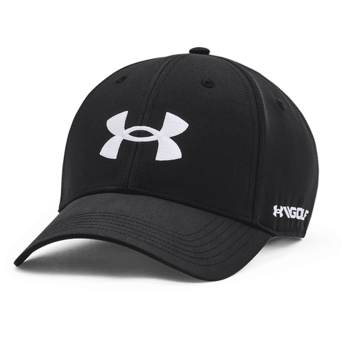 A black cap featuring a branded logo on the front and another logo on the side.