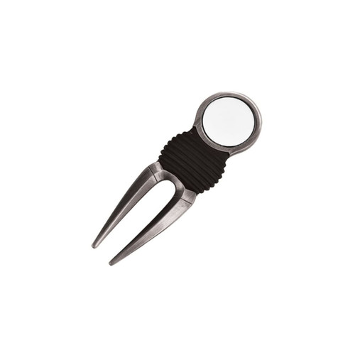 A golf pitch repairer with a black rubber grip and a 25mm circular ball marker. It has a metallic finish.