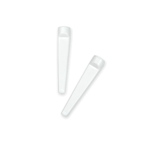 Two white golf tees with a wedge design, featuring a smooth finish and a rounded top.