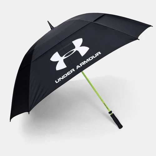 A black golf umbrella with a green handle, featuring a prominent logo. It has a large 68-inch canopy.