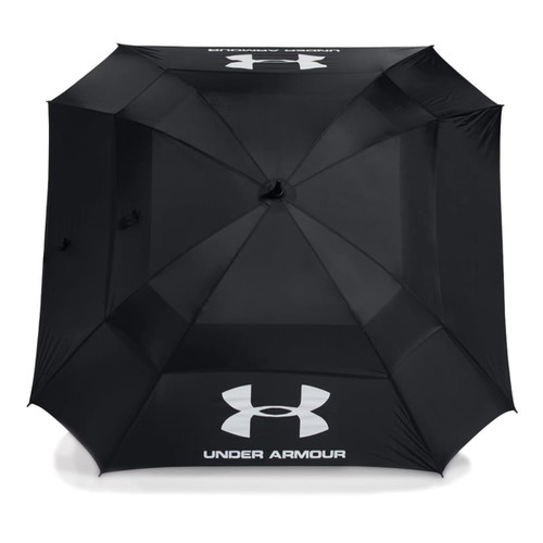 A black golf umbrella with a large canopy and a logo, designed for durability and coverage.