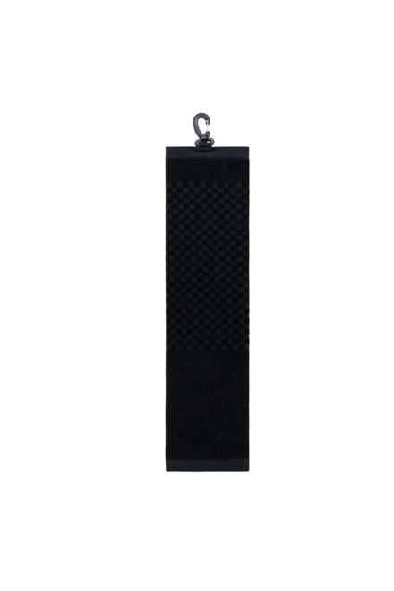 A black luxury tri-fold towel with a hook for hanging, featuring a textured pattern.