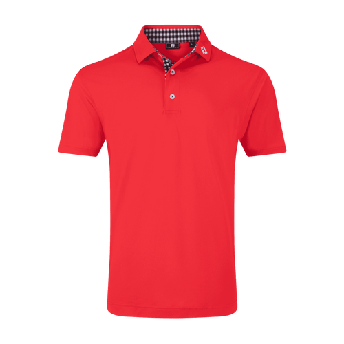 A red polo shirt with gingham trim on the collar and a logo on the neckline.