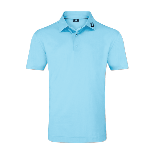A light blue polo shirt with a collar and a logo on the neck. Features tonal dot print design.
