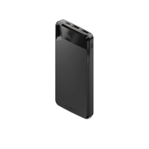 A black power bank with multiple ports and a digital charge indicator, featuring a logo.