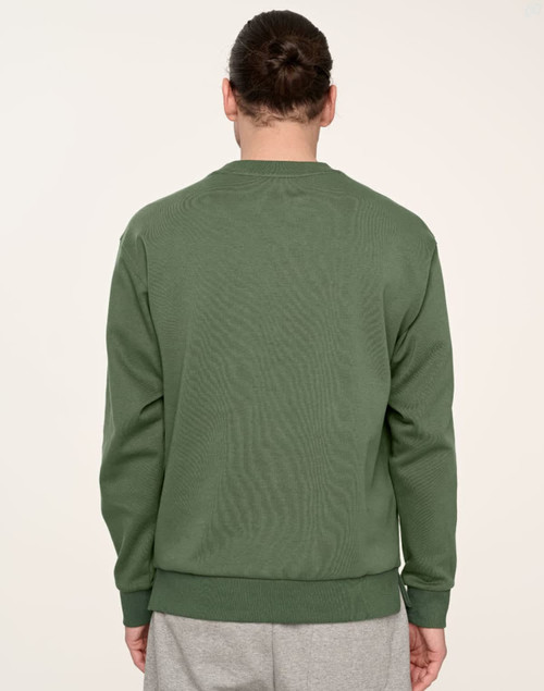 A unisex crew neck sweater in a rich green colour, viewed from the back. It features a logo on the fabric.