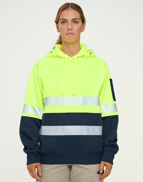 A Hi-Vis two-tone safety hoodie in fluorescent yellow and navy, featuring segmented reflective tapes and a logo.