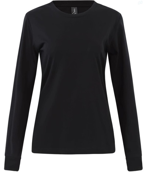 A black long-sleeve tee shirt for women in premium cotton. It features a round neckline and has a logo.