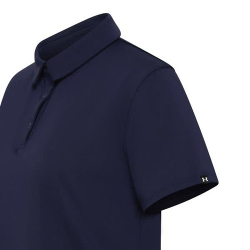A navy blue polo shirt with a collar and short sleeves, featuring a logo on the sleeve.