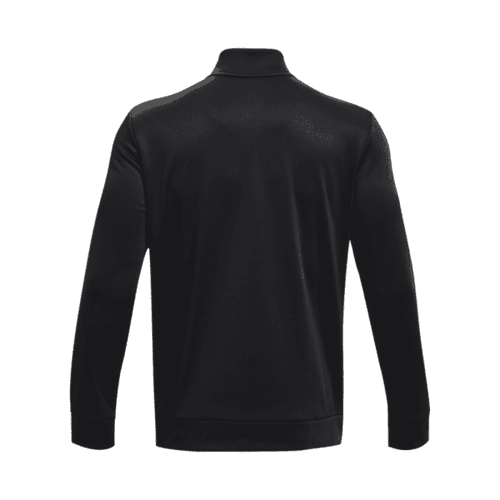 A black fleece 1/4 zip jacket for men, featuring a simple design and a collar at the neckline. It has a logo.