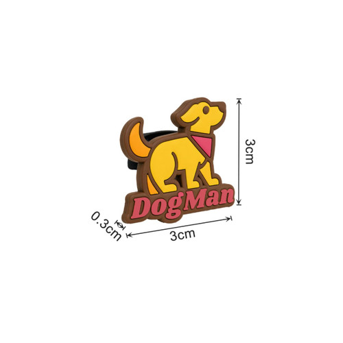 A yellow and brown rubber charm shaped like a dog, with the word "DogMan" at the bottom. Dimensions: 3cm x 3cm.