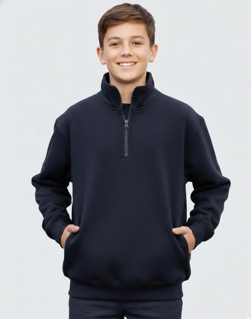 A navy blue kids' half zip collar fleecy sweatshirt with long sleeves and a front zipper. It features a logo.