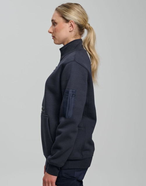 A unisex premium fleece half zip work sweatshirt in navy, featuring a logo and side pockets.