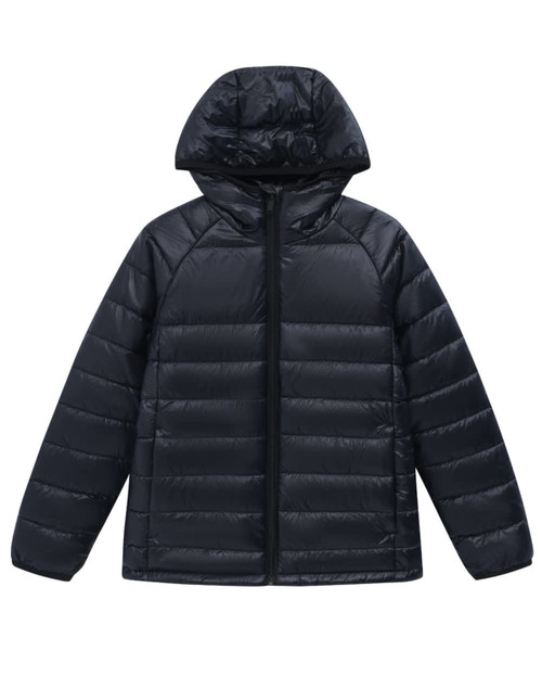 A black, lightweight hooded puffer jacket with a zip front and quilted design. It features a logo on the garment.