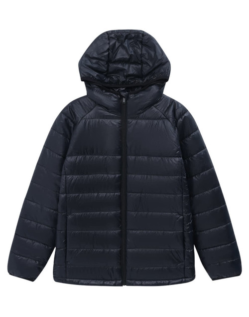 A lightweight hooded puffer jacket in navy blue, featuring a zip front and a smooth finish. It has a logo on the sleeve.