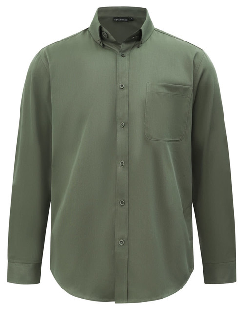 A men's smart casual long-sleeve shirt in olive green, featuring a button-down collar and a chest pocket.