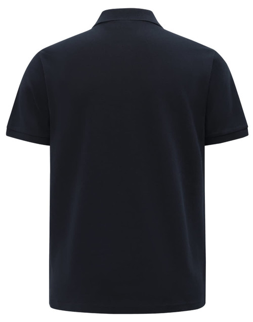 A navy blue short-sleeved polo shirt with a flat collar and a logo displayed.