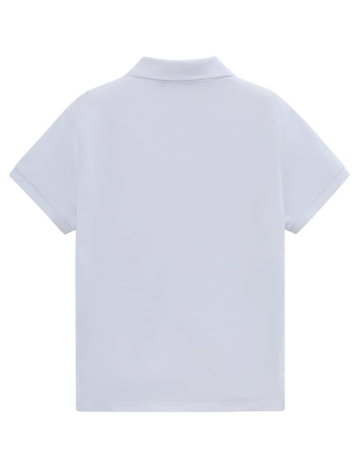 A plain white short-sleeved polo shirt with a collar and a logo.