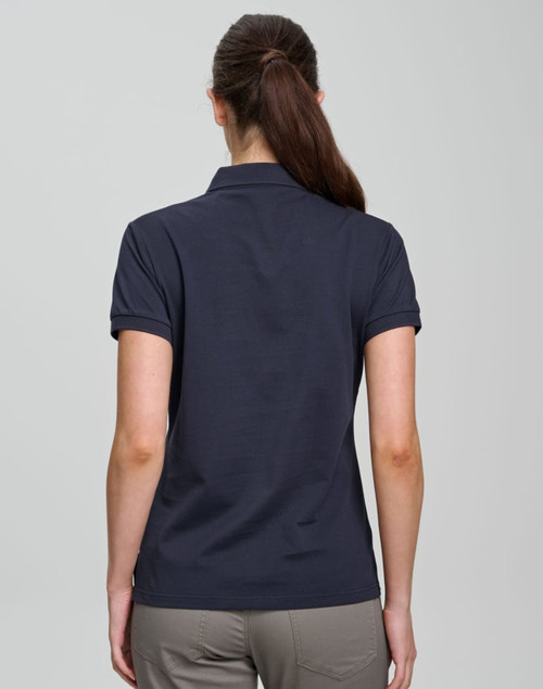A navy ladies polo shirt made of ultrafine cotton pique, featuring a collar and short sleeves, with a logo.