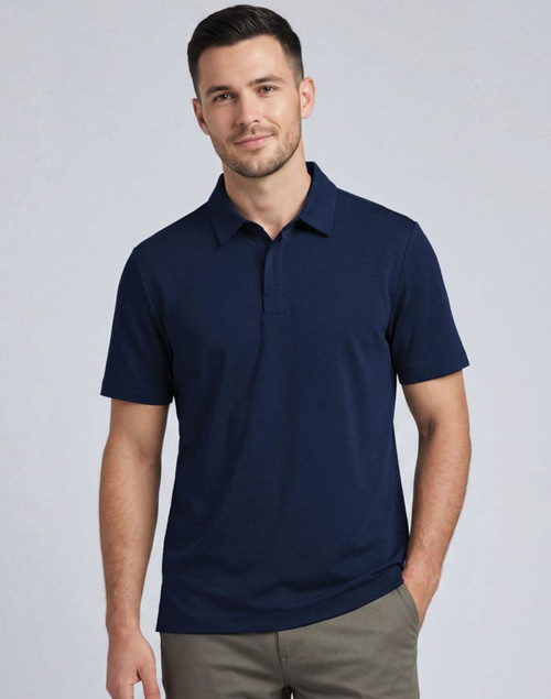 A navy blue men's polo shirt with a classic collar and short sleeves, featuring a logo on the chest.