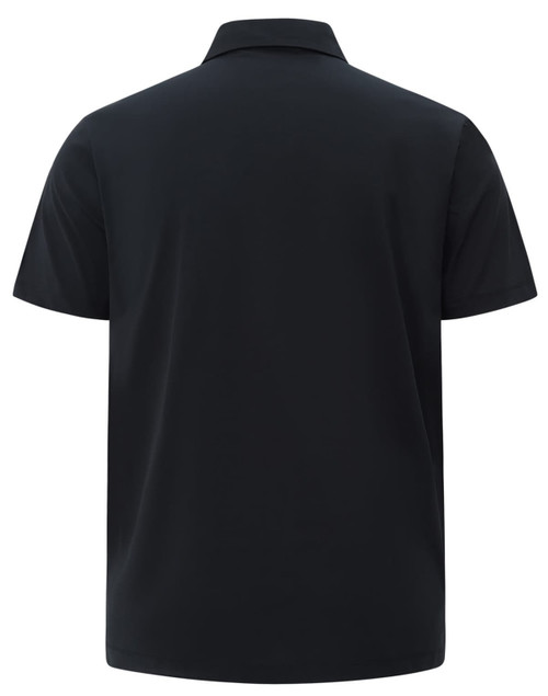 A black men's polo shirt with a collar, featuring short sleeves and a plain back. The shirt has a logo detailing.