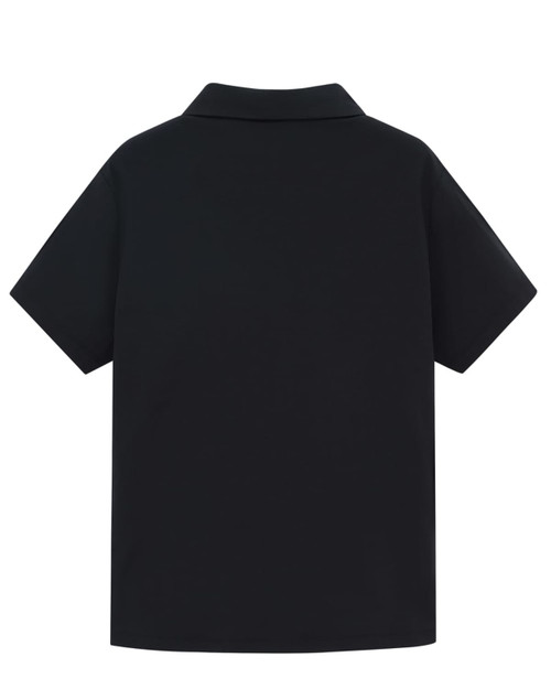 A black high-performance polo shirt with a collared design and short sleeves. Features branding on the garment.