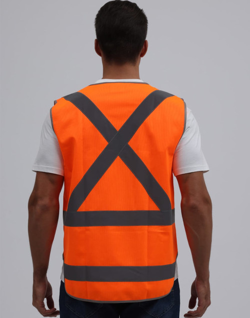 An orange safety vest featuring reflective grey stripes in an X-back design, with a plain background.