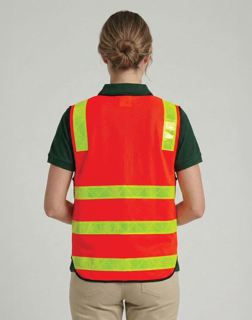 A high-visibility orange road safety vest with reflective yellow stripes, featuring a logo on the back.